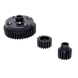 Three black metal gears of different sizes on a white background