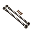 Set of metal control arms with bushings on a white background