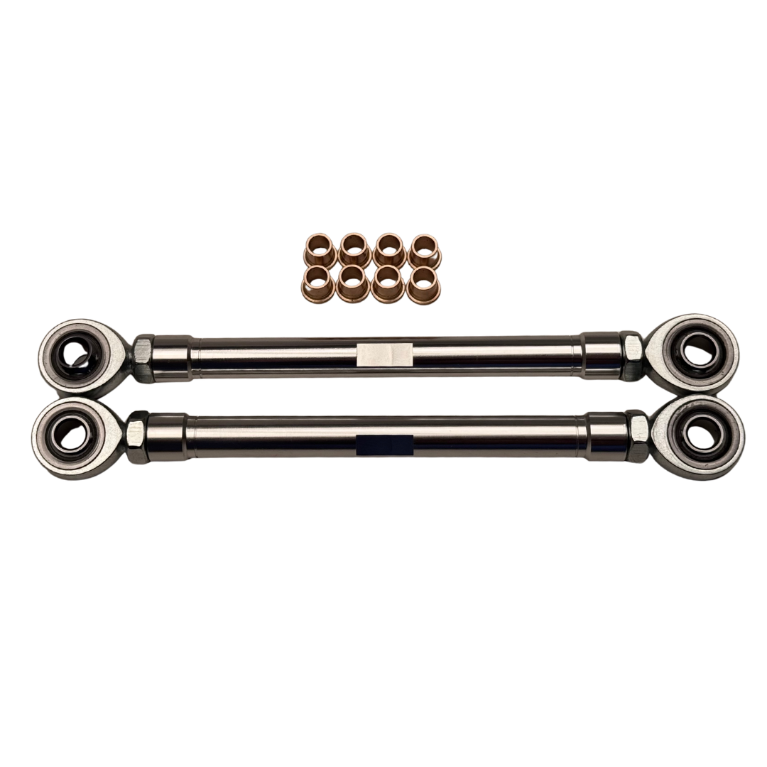 Two metal link components with small bronze washers on a white background