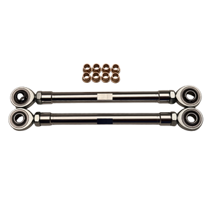 Two metal link components with small bronze washers on a white background