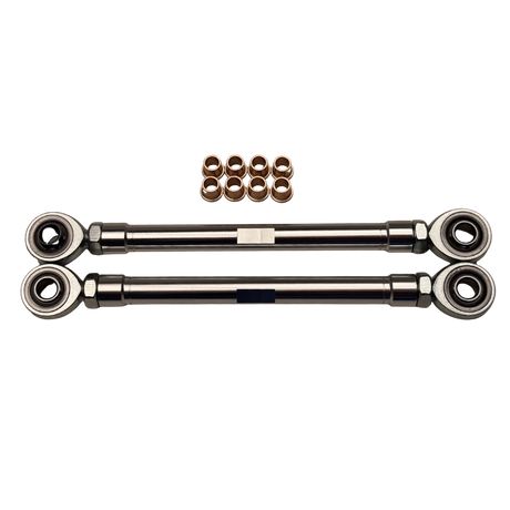 Two metal link components with small bronze washers on a white background