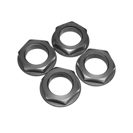 Four black hex nuts on a white background