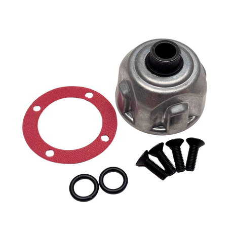 Mechanical parts including a metal component, red gasket, black washers, and screws on a white background