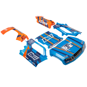 Blue and orange motorcycle body panels with branding on a white background