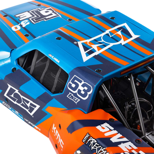 Close-up of a blue and orange race car with visible branding on a white background