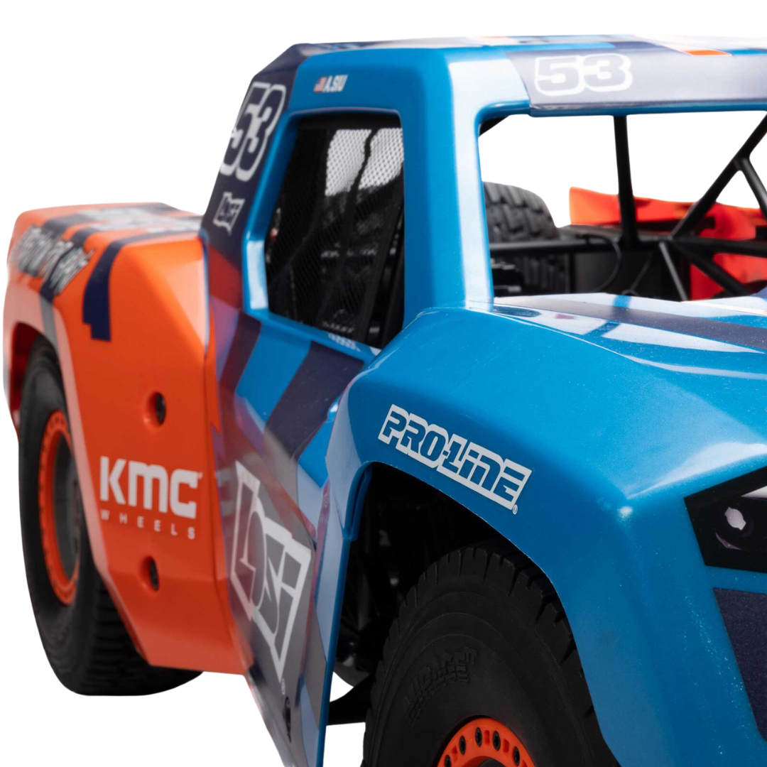 Blue and orange off-road vehicle with visible branding on a white background