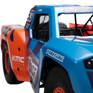 Blue and orange off-road vehicle with visible branding on a white background