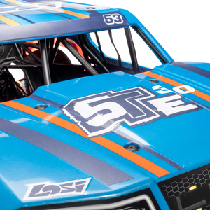 Close-up of a blue off-road vehicle with '5TE' and 'LOSI' branding.