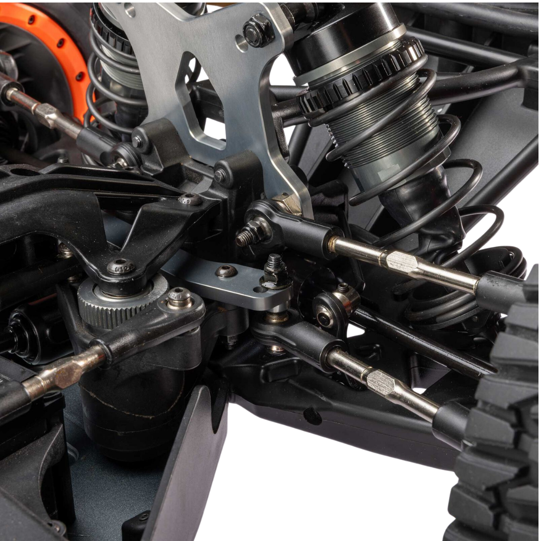Close-up of a mechanical component with springs and metal parts on a white background