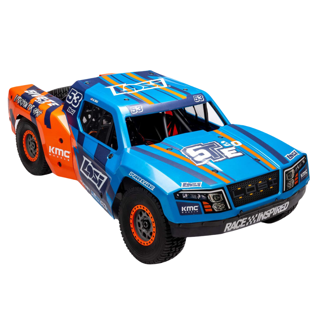 Blue and orange off-road vehicle model on a white background