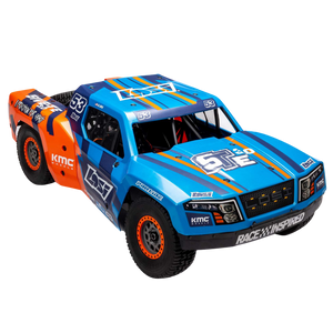 Blue and orange off-road vehicle model on a white background