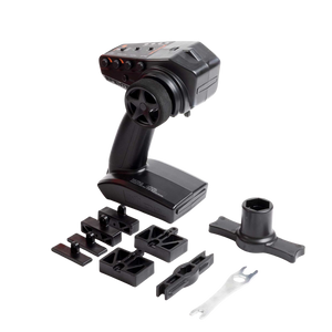 Black mechanical arm with various attachments on a white background