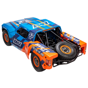 Model off-road truck with blue and orange design on a white background