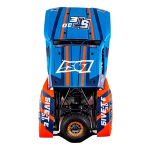 Blue and orange off-road vehicle with branding on a white background