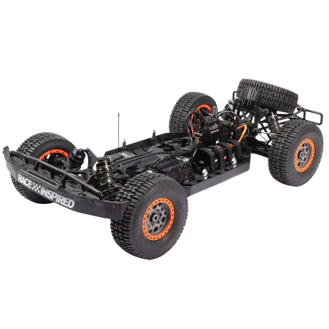 Black off-road vehicle chassis with orange rims on a white background