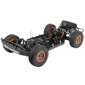 Black off-road vehicle chassis with orange rims on a white background