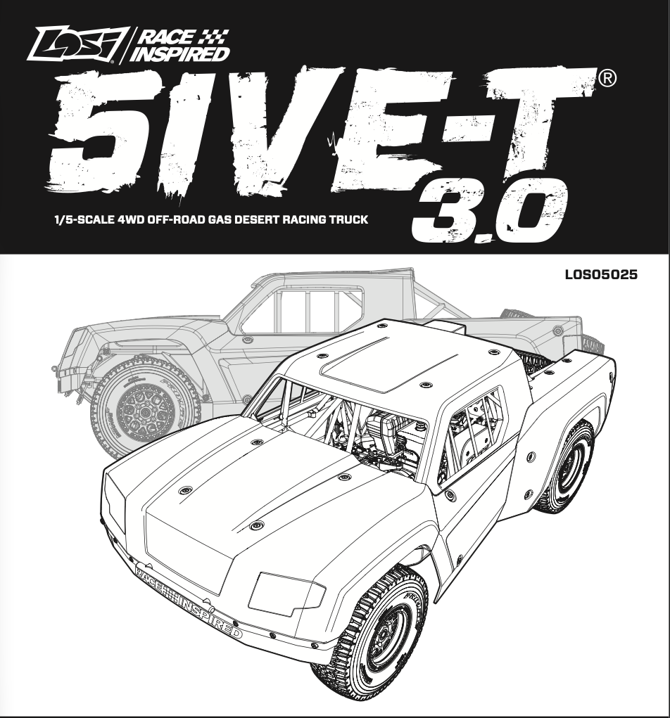 Black and white line art illustration of a 1/5 scale off-road racing truck, labeled '5IVE-T 3.0', with the 'Lost Race Inspired' logo at the top.