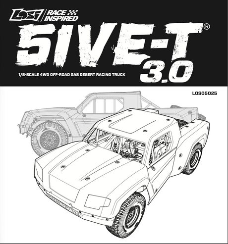 Black and white line art illustration of a 1/5 scale off-road racing truck, labeled '5IVE-T 3.0', with the 'Lost Race Inspired' logo at the top.