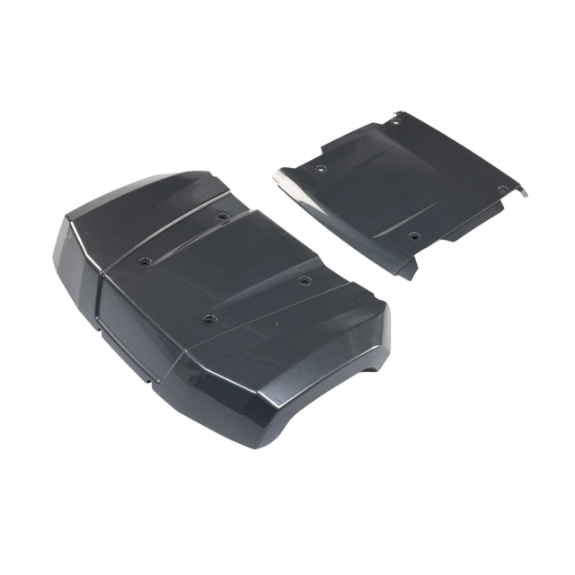 Two black molded plastic vehicle body panels or fender covers shown on a plain white background.