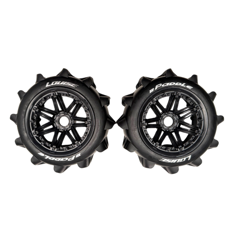 Two black rc car wheels with visible branding on a white background