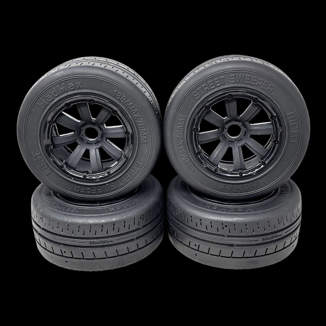 MAD WHEELS 
マッドホイール
世界一わるいミニカー Mad Max 188x78mm Belted Wide Street Sweeper Tyre Wheel Set (4