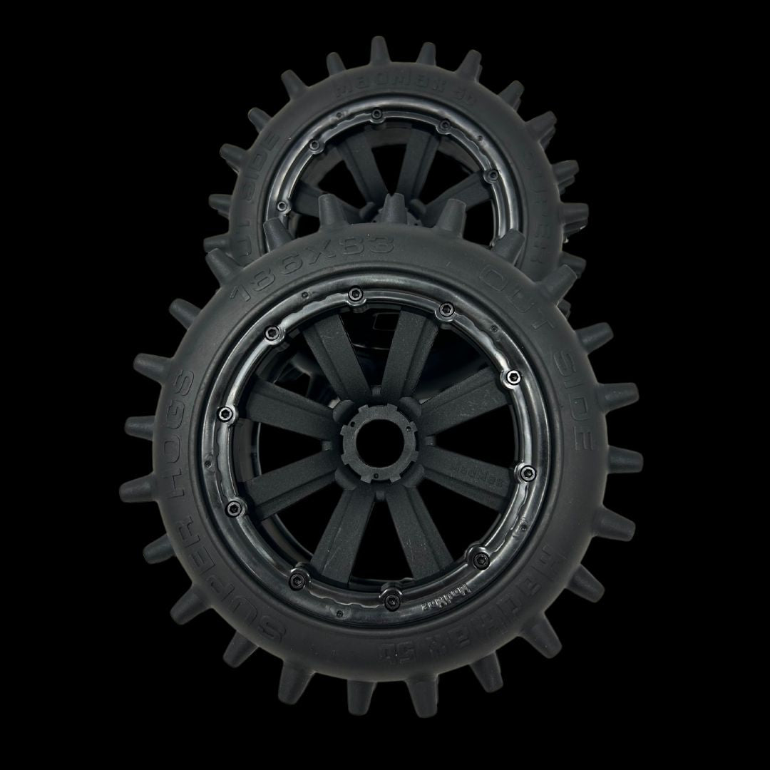 Pair of Mad Max Super Hog Rear 186mm Spike Wheel/Tyres (2)