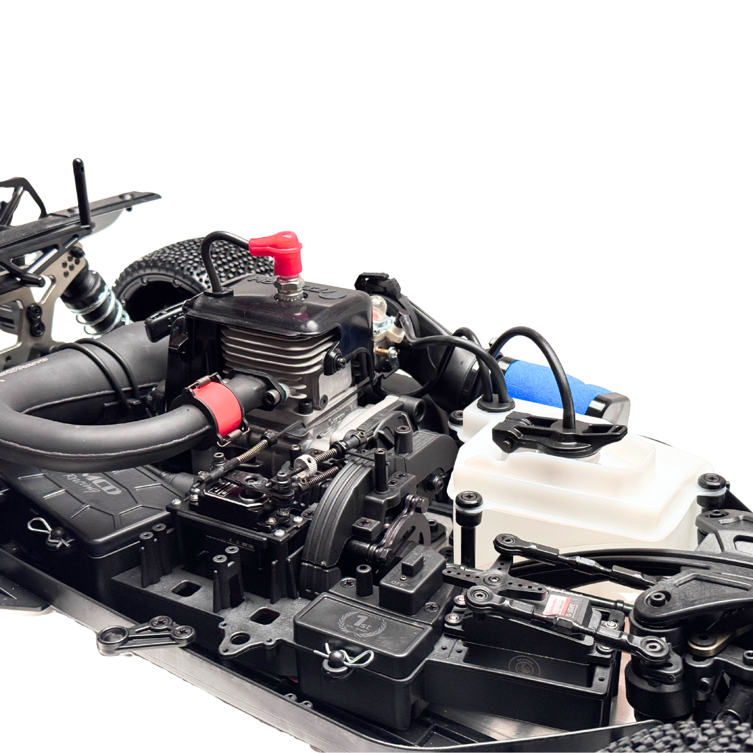 Close-up of a detailed model car engine on a white background