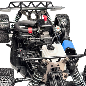 Close-up of a detailed model car chassis with visible components on a white background