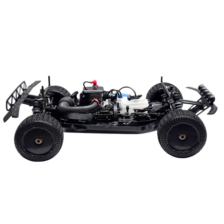 Black off-road RC car chassis on a white background