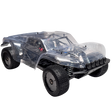 Clear off-road RC car with black tires on a white background