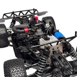 Close-up of a detailed RC car chassis with components on a white background