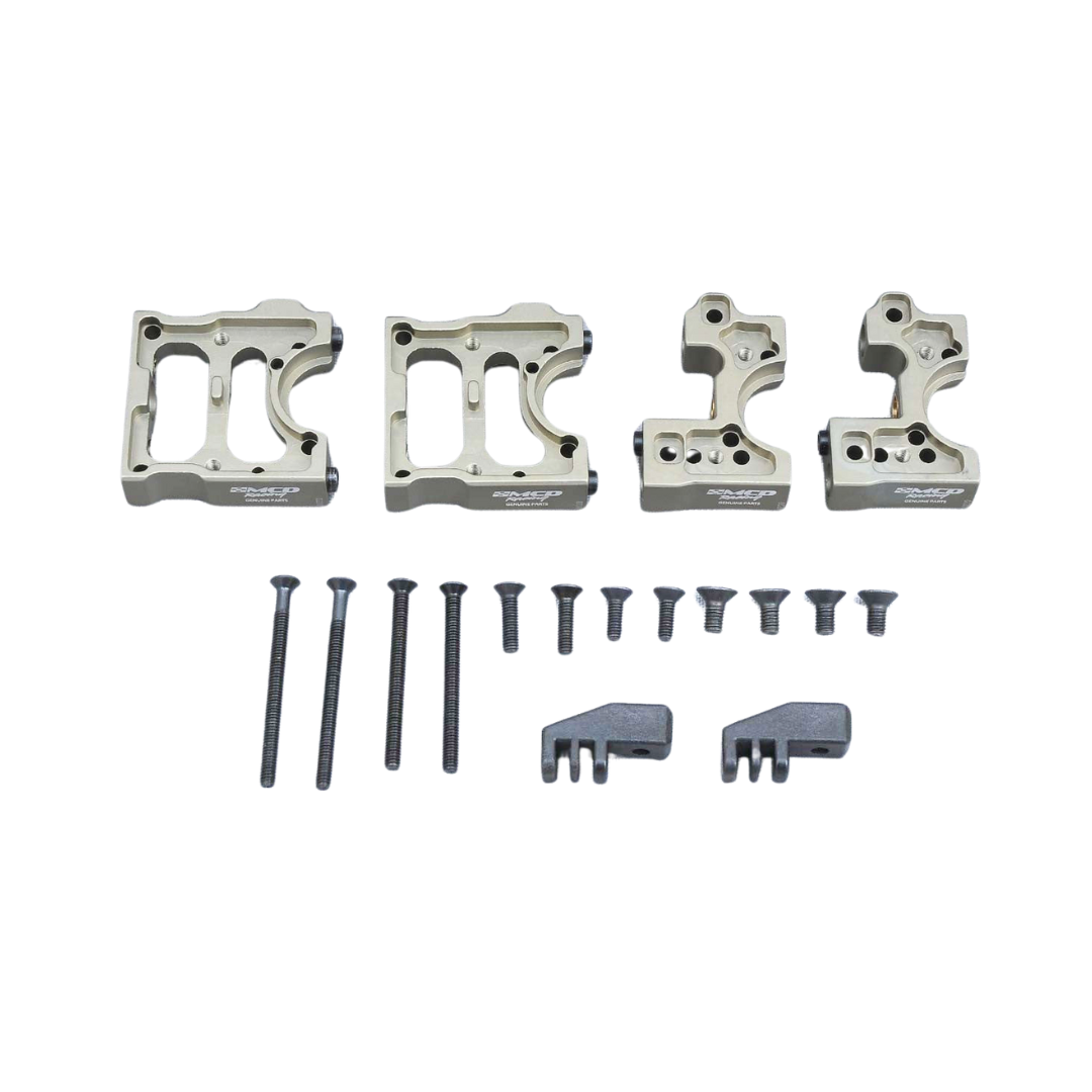 Set of metal components and screws on a white background