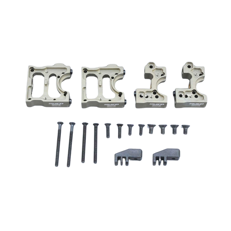 Set of metal components and screws on a white background