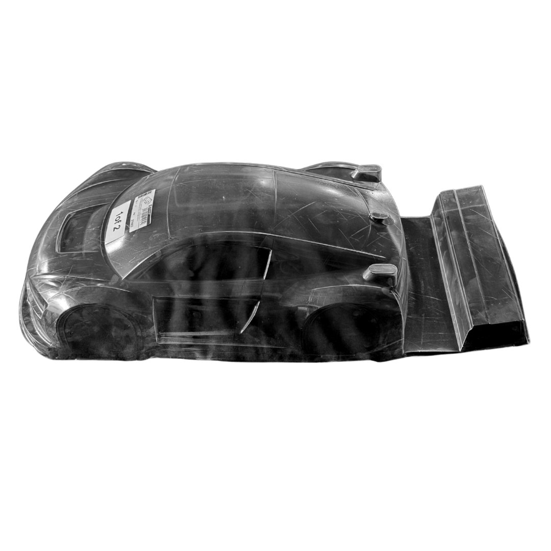 Car hood with a visible brand label on a white background