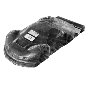 Clear plastic model car body on a white background