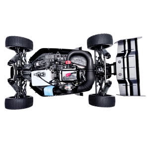 Model of a car chassis with visible engine and components on a white background