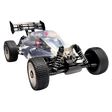Clear body of a remote control car with visible chassis on a white background