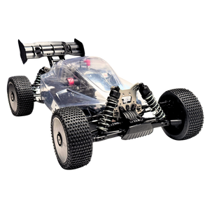 Clear body of a remote control car with visible chassis on a white background