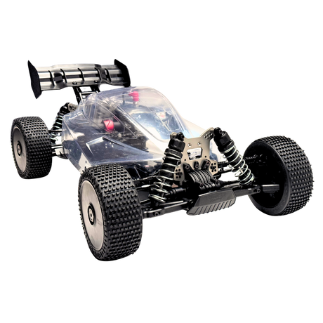 Clear body of a remote control car with visible chassis on a white background