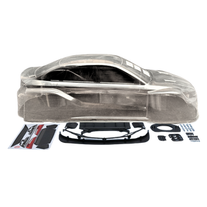 Clear plastic car body shell with black parts and accessories on a white background