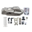 Collection of RC car parts including a body shell, suspension components, and a box on a white background.