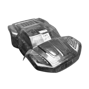 Clear plastic car body shell with branding on a white background
