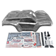 Car body shell with decals and accessories on a white background