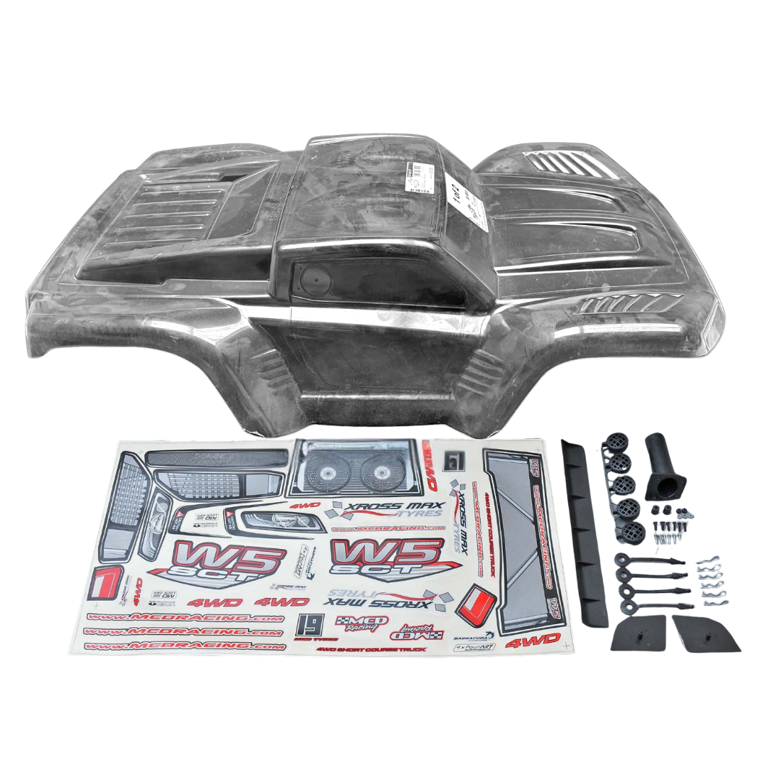 Car body shell with decals and accessories on a white background