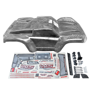 Car body shell with decals and accessories on a white background