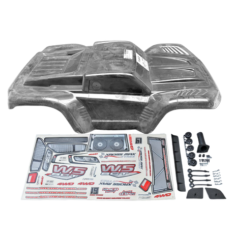Car body shell with decals and accessories on a white background