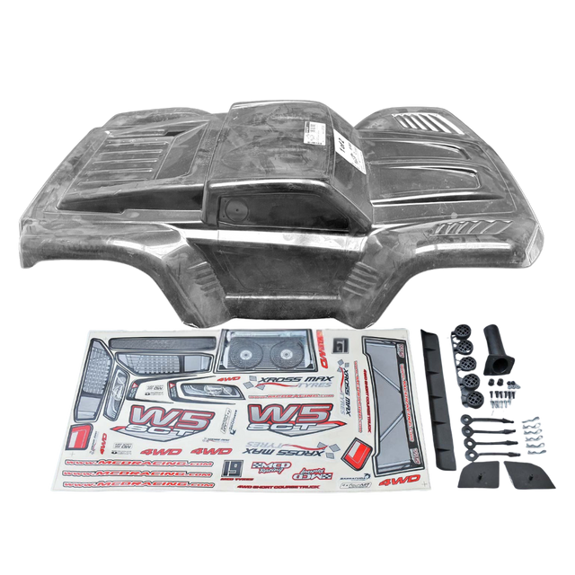 Car body shell with decals and accessories on a white background