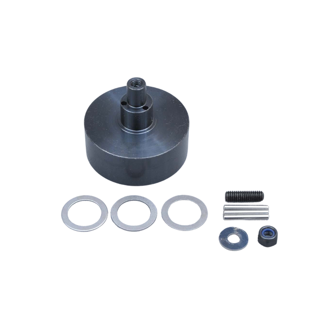Mechanical component kit with a large cylindrical part and smaller components on a white background