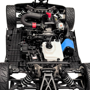 Close-up of a detailed model car chassis with various components.