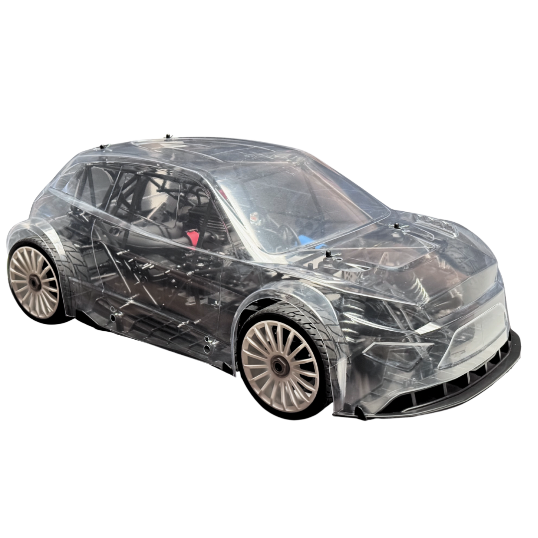 Car chassis wrapped in clear plastic on a white background